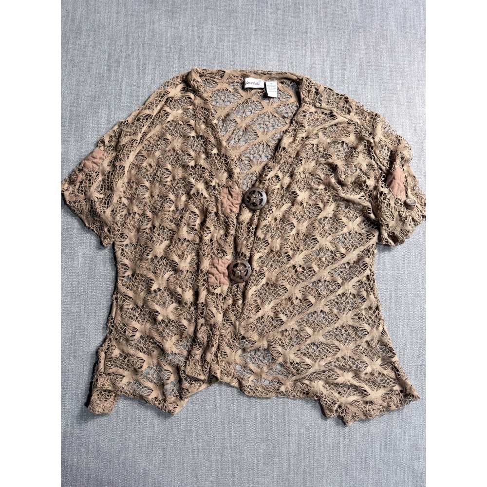 Le Moda Womens XL Tan Open Knit Crochet Button Front Cardigan Top 2963-301
